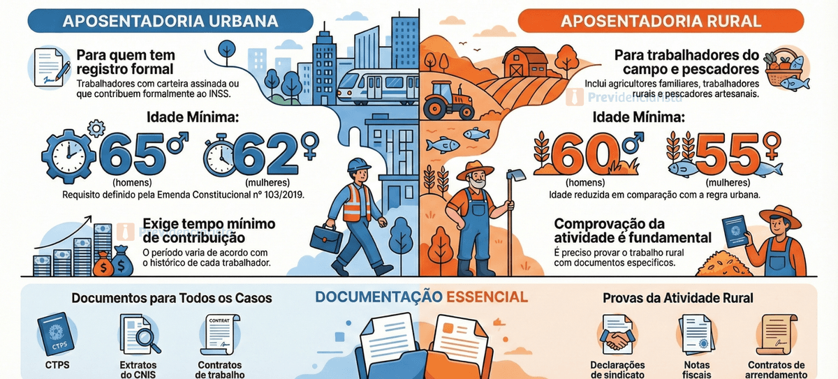 critérios para aposentadoria urbana e rural