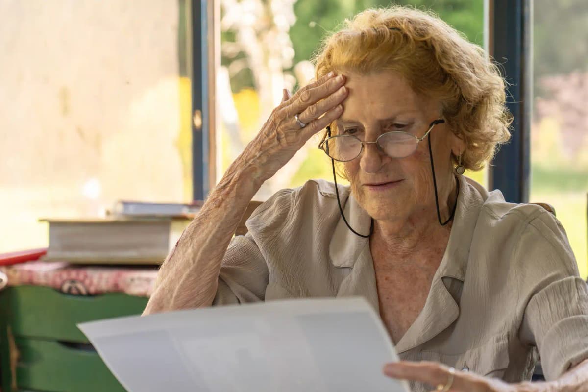 mulher idosa olhando preocupada para documento