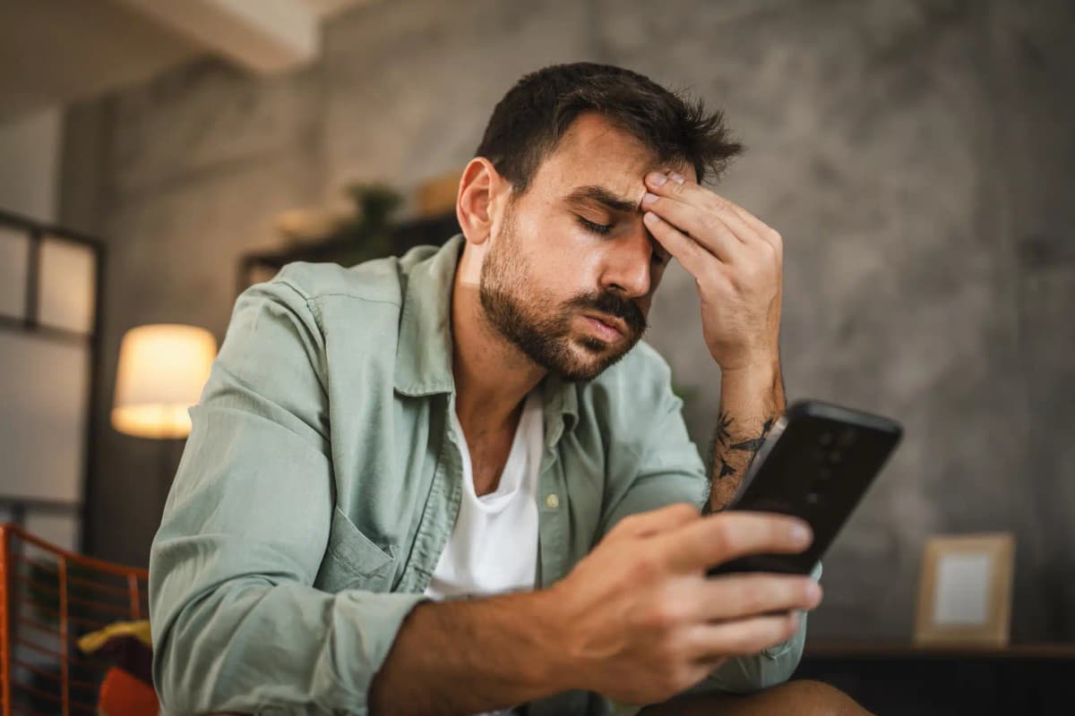 homem com ansiedade usando celular