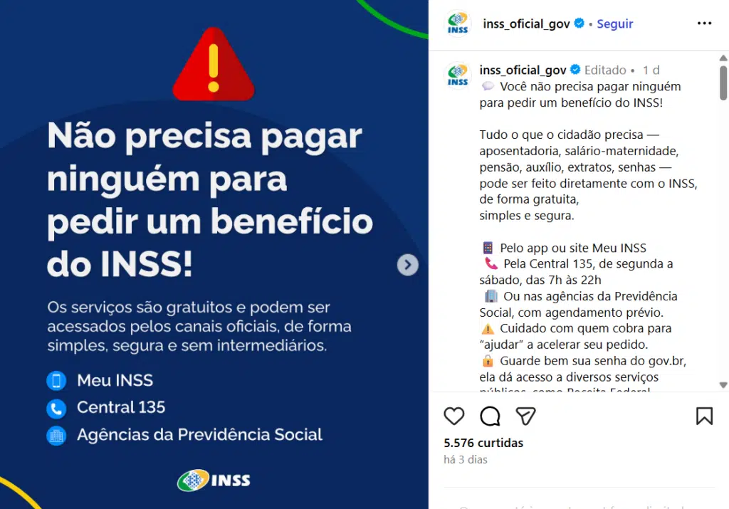 Postagem do INSS Fonte Instagram INSS